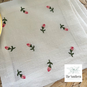 Set of 4 Embroidered Cocktail Napkins - Scattered Rosebuds