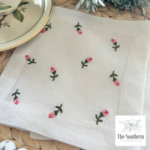 Set of 4 Embroidered Cocktail Napkins - Scattered Rosebuds