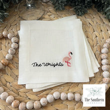 Load image into Gallery viewer, Set of 4 Embroidered Cocktail Napkins - Flamingo Fun
