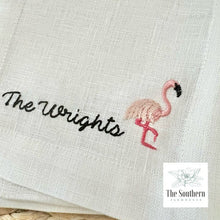 Load image into Gallery viewer, Set of 4 Embroidered Cocktail Napkins - Flamingo Fun

