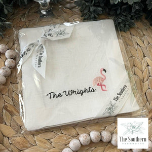 Set of 4 Embroidered Cocktail Napkins - Flamingo Fun