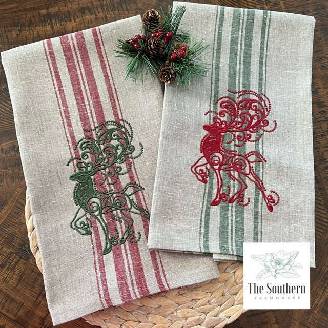 Set of Two Large Kitchen Towels - Regal Reindeer Heavyweight Rustic Linen