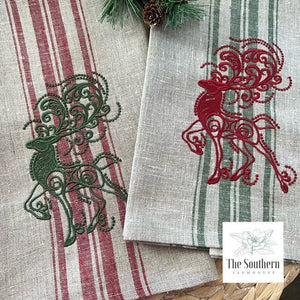 Set of Two Large Kitchen Towels - Regal Reindeer Heavyweight Rustic Linen