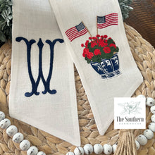 Load image into Gallery viewer, Linen Wreath/Basket Sash - Chinoiserie Geraniums &amp; American Flags
