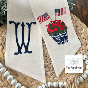 Linen Wreath/Basket Sash - Chinoiserie Geraniums & American Flags