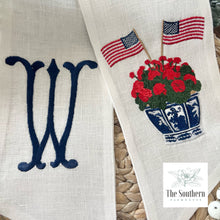 Load image into Gallery viewer, Linen Wreath/Basket Sash - Chinoiserie Geraniums &amp; American Flags
