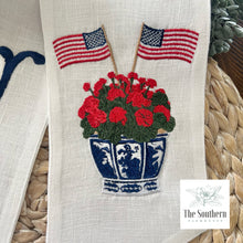 Load image into Gallery viewer, Linen Wreath/Basket Sash - Chinoiserie Geraniums &amp; American Flags
