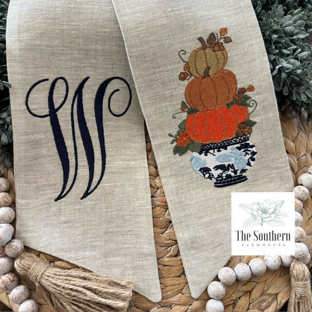 Linen Wreath/Basket Sash - Chinoiserie Pumpkin Stack