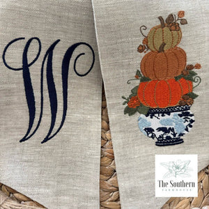 Linen Wreath/Basket Sash - Chinoiserie Pumpkin Stack