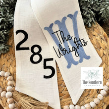 Load image into Gallery viewer, Linen Wreath/Basket Sash - Fishtail Monogram &amp; House Number
