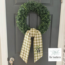 Load image into Gallery viewer, Linen Wreath/Basket Sash - Gingham and Clover Monogram
