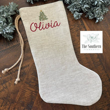 Load image into Gallery viewer, Linen Christmas Stocking - Tiny Farmhouse Christmas Tree
