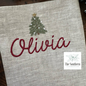 Linen Christmas Stocking - Tiny Farmhouse Christmas Tree