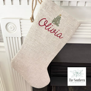 Linen Christmas Stocking - Tiny Farmhouse Christmas Tree