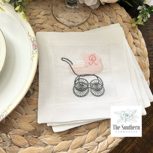 Set of 4 Embroidered Cocktail Napkins - Baby Carriage Monogram