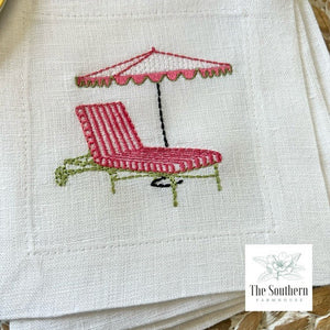 Set of 4 Embroidered Cocktail Napkins - Cabana Stripe Chaise & Umbrella