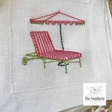 Load image into Gallery viewer, Set of 4 Embroidered Cocktail Napkins - Cabana Stripe Chaise &amp; Umbrella

