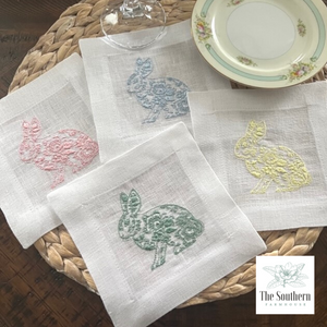 Set of 4 Embroidered Cocktail Napkins - Pastel Chinoiserie Bunnies
