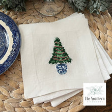 Load image into Gallery viewer, Set of 4 Embroidered Holiday Cocktail Napkins - Chinoiserie Christmas Tree 1
