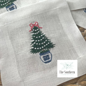 Set of 4 Embroidered Holiday Cocktail Napkins - Chinoiserie Christmas Tree 2
