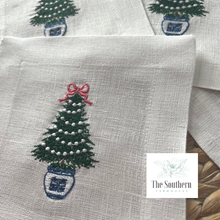 Load image into Gallery viewer, Set of 4 Embroidered Holiday Cocktail Napkins - Chinoiserie Christmas Tree 2
