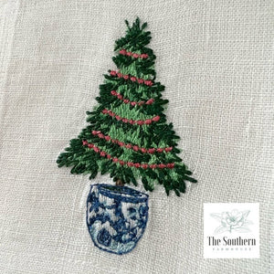 Set of 4 Embroidered Holiday Cocktail Napkins - Chinoiserie Christmas Tree 1