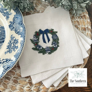 Set of 4 Embroidered Cocktail Napkins - Chinoiserie Ornament Wreath