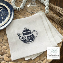 Load image into Gallery viewer, Set of 4 Embroidered Cocktail Napkins - Blue Willow Teapot
