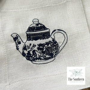 Set of 4 Embroidered Cocktail Napkins - Blue Willow Teapot