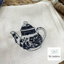 Load image into Gallery viewer, Set of 4 Embroidered Cocktail Napkins - Blue Willow Teapot
