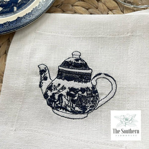 Set of 4 Embroidered Cocktail Napkins - Blue Willow Teapot