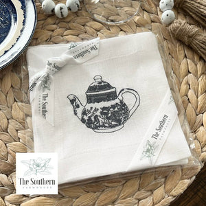 Set of 4 Embroidered Cocktail Napkins - Blue Willow Teapot
