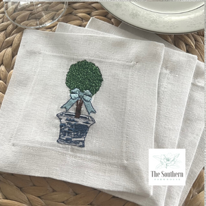 Set of 4 Embroidered Cocktail Napkins - Chinoiserie Topiary Tree