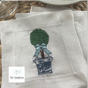 Set of 4 Embroidered Cocktail Napkins - Chinoiserie Topiary Tree