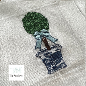 Set of 4 Embroidered Cocktail Napkins - Chinoiserie Topiary Tree