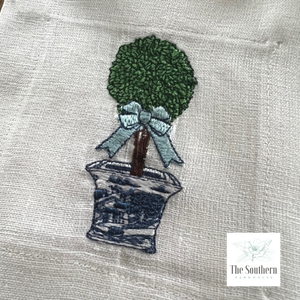 Set of 4 Embroidered Cocktail Napkins - Chinoiserie Topiary Tree