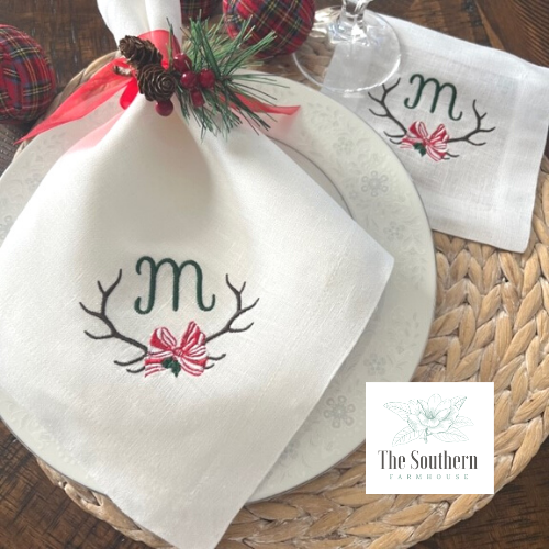 Christmas Antler Monogrammed Luncheon, Dinner & Cocktail Napkins