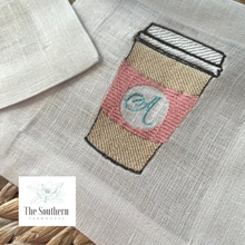 Load image into Gallery viewer, Set of 4 Embroidered Cocktail Napkins - To Go Coffee Cups
