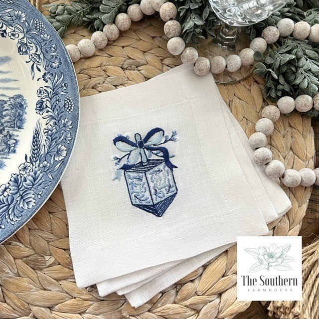 Set of 4 Embroidered Holiday Cocktail Napkins - Hanukkah Dreidel