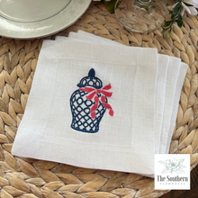 Load image into Gallery viewer, Set of 4 Embroidered Cocktail Napkins - Ginger Jar with Bow
