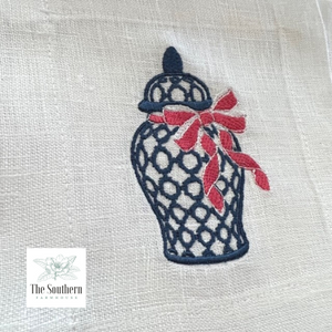Set of 4 Embroidered Cocktail Napkins - Ginger Jar with Bow