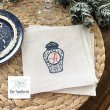Load image into Gallery viewer, Set of 4 Embroidered Cocktail Napkins - Ginger Jar Monogram

