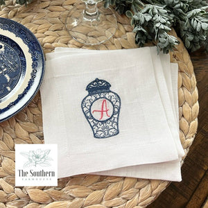 Set of 4 Embroidered Cocktail Napkins - Ginger Jar Monogram