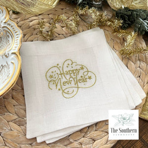 Set of 4 Embroidered Holiday Cocktail Napkins - Happy New Year!