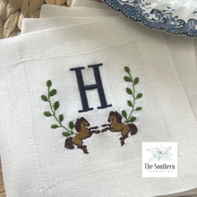 Load image into Gallery viewer, Set of 4 Embroidered Cocktail Napkins - Horse Frame Monogram
