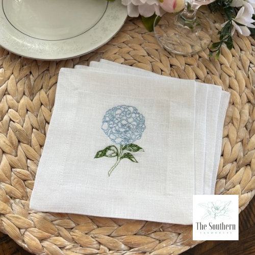 Set of 4 Embroidered Cocktail Napkins - Blue Hydrangea