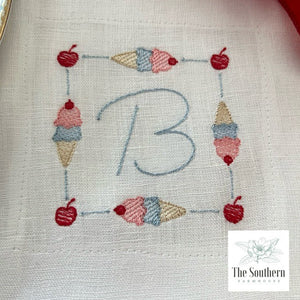 Set of 4 Embroidered Cocktail Napkins - Ice Cream Cone Monogram