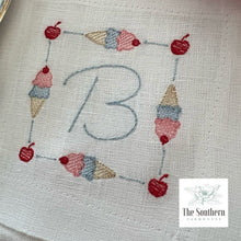 Load image into Gallery viewer, Set of 4 Embroidered Cocktail Napkins - Ice Cream Cone Monogram
