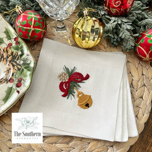 Set of 4 Embroidered Christmas Cocktail Napkins - Christmas Jingle Bell