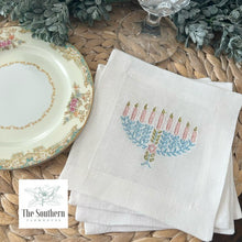 Load image into Gallery viewer, Set of 4 Embroidered Holiday Cocktail Napkins - Menorah for Hanukkah
